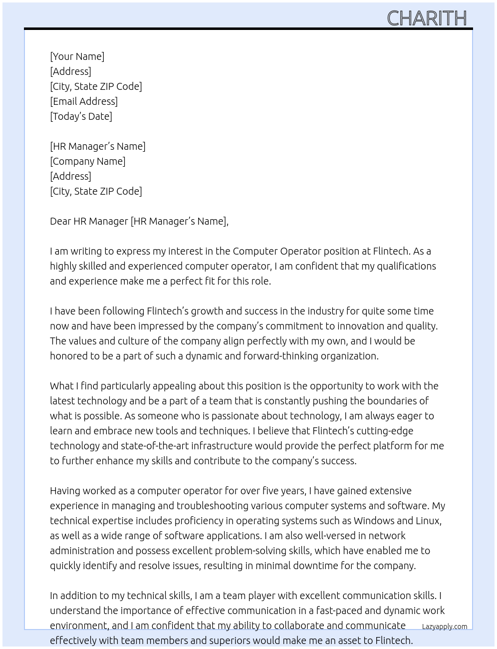 Computer Operator At Flintech Cover Letter