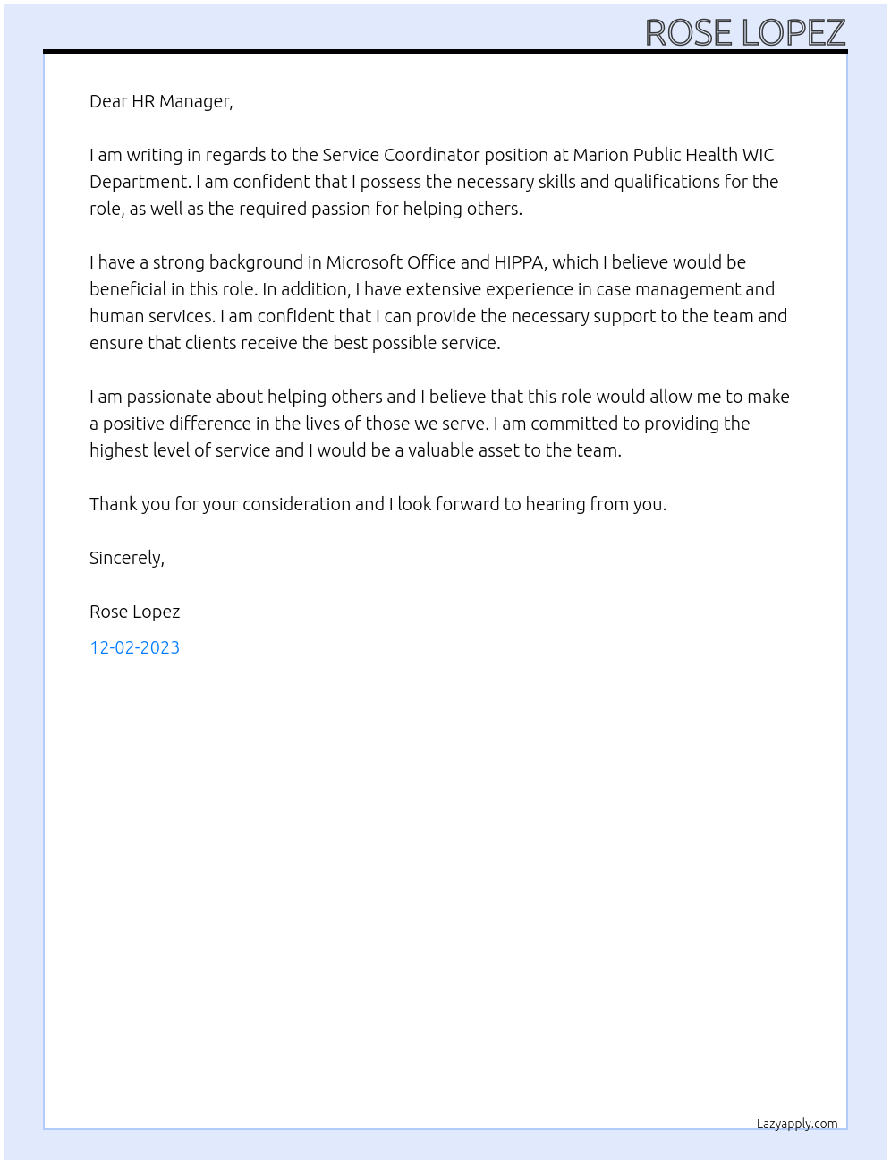 Service Coordinator At Marion Public Health WIC Department Cover Letter