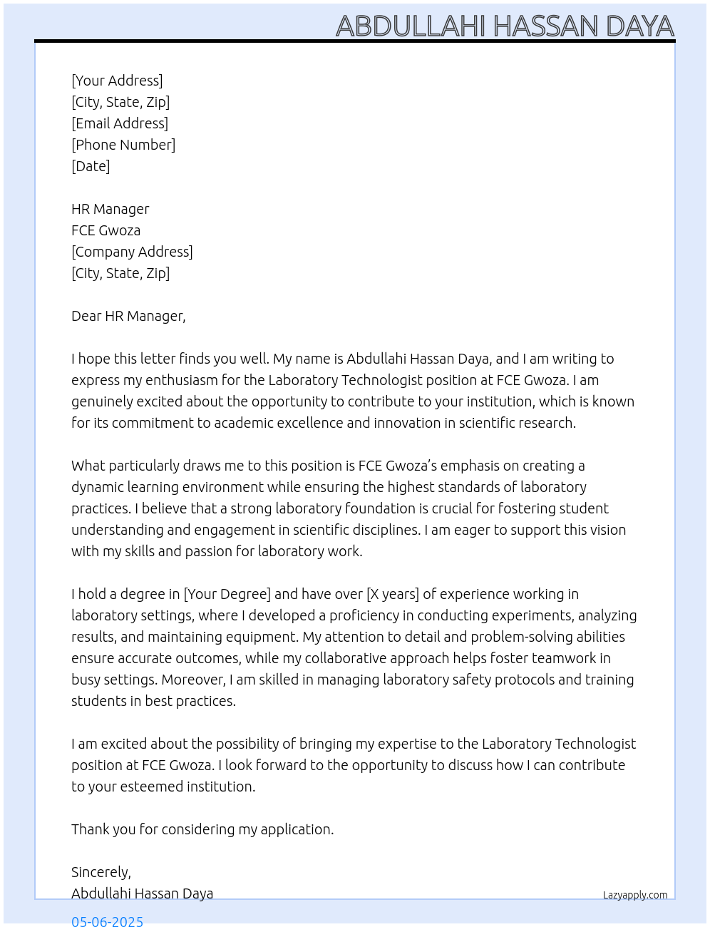 LABORATORY TECHNOLOGIST At FCE GWOZA  Cover Letter