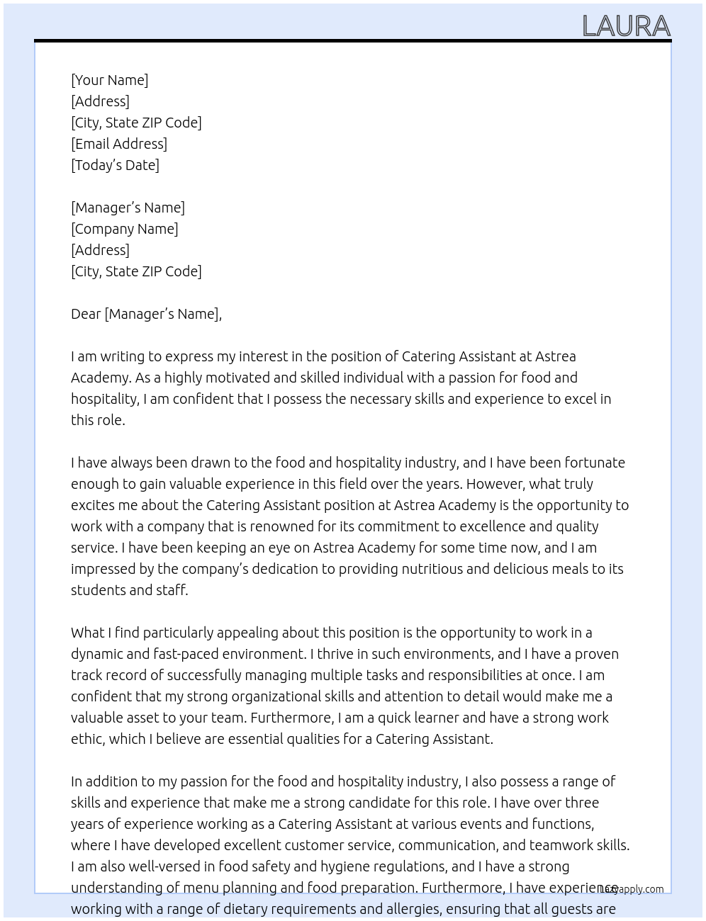 catering assistant At Astrea Academy Cover Letter