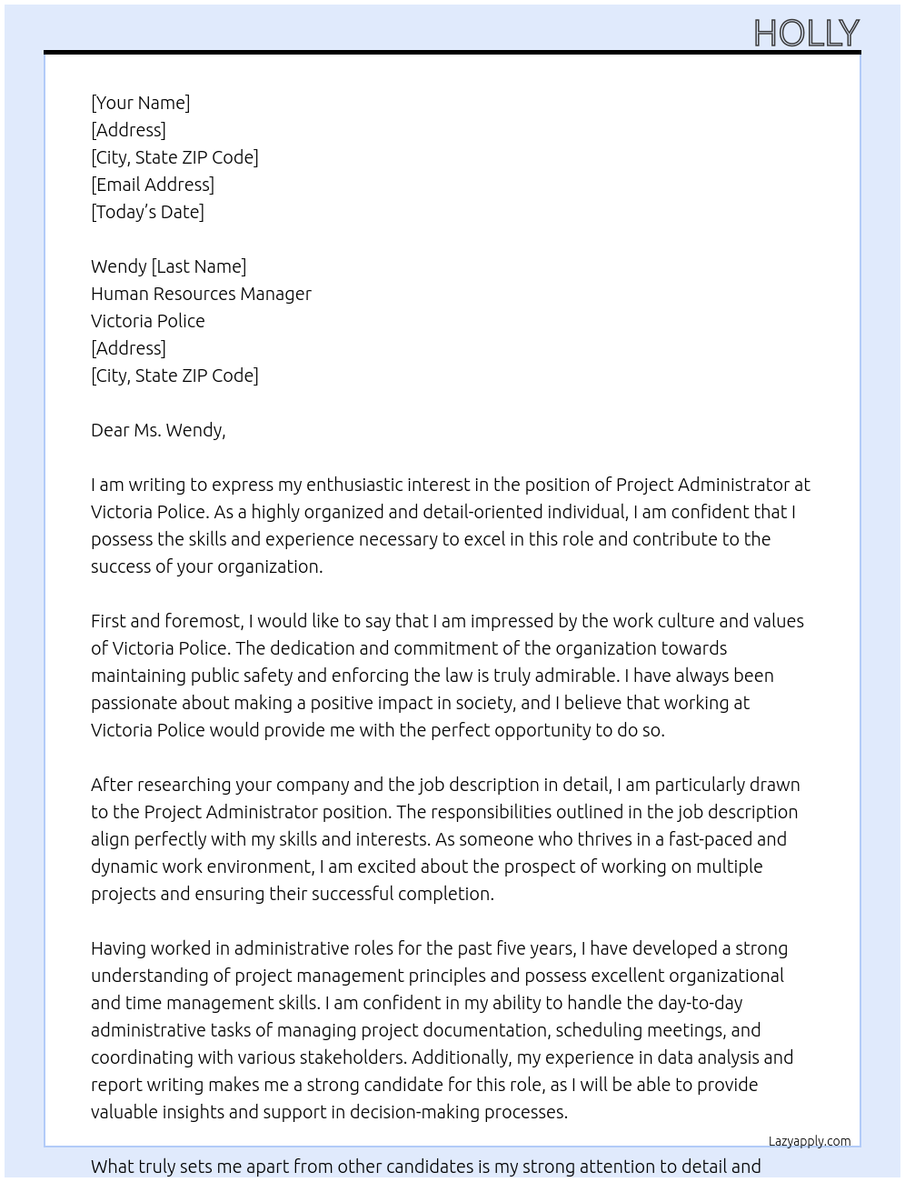 Project Administrator At Victoria Police Cover Letter