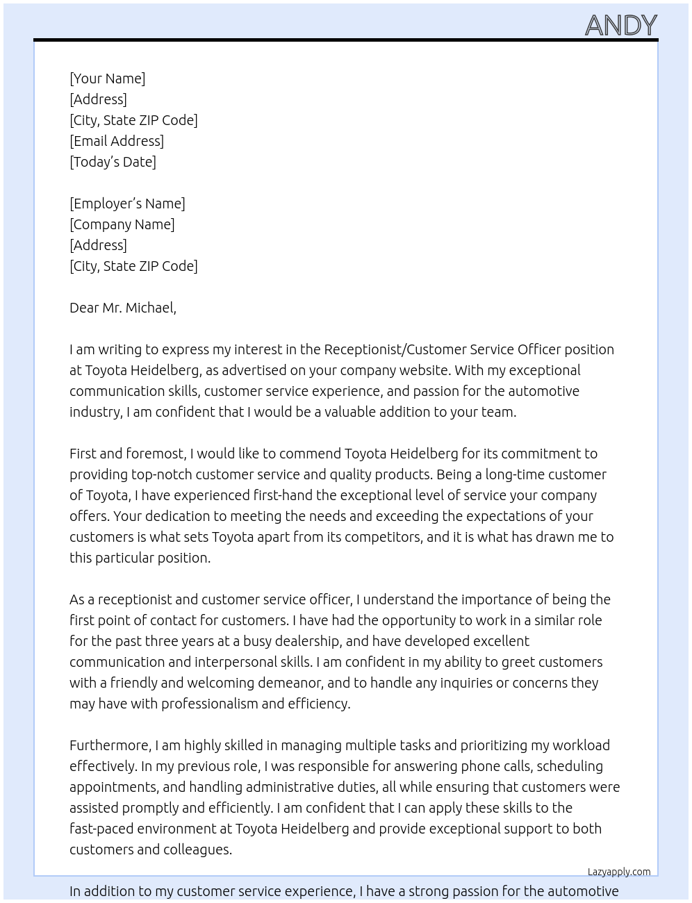 Receptionist/Customer Service Officer  At Toyota Heidelberg Cover Letter