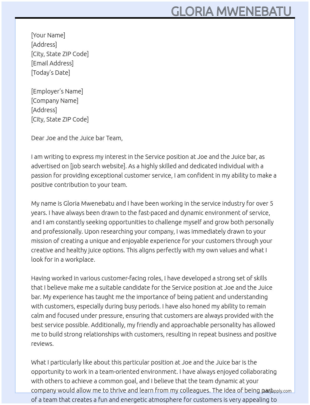 Service At Jor and the Juice bar Cover Letter