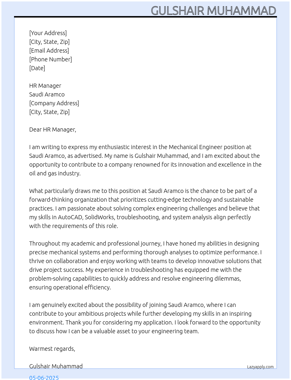 Mechanical Engineer At Saudi Aramco Cover Letter