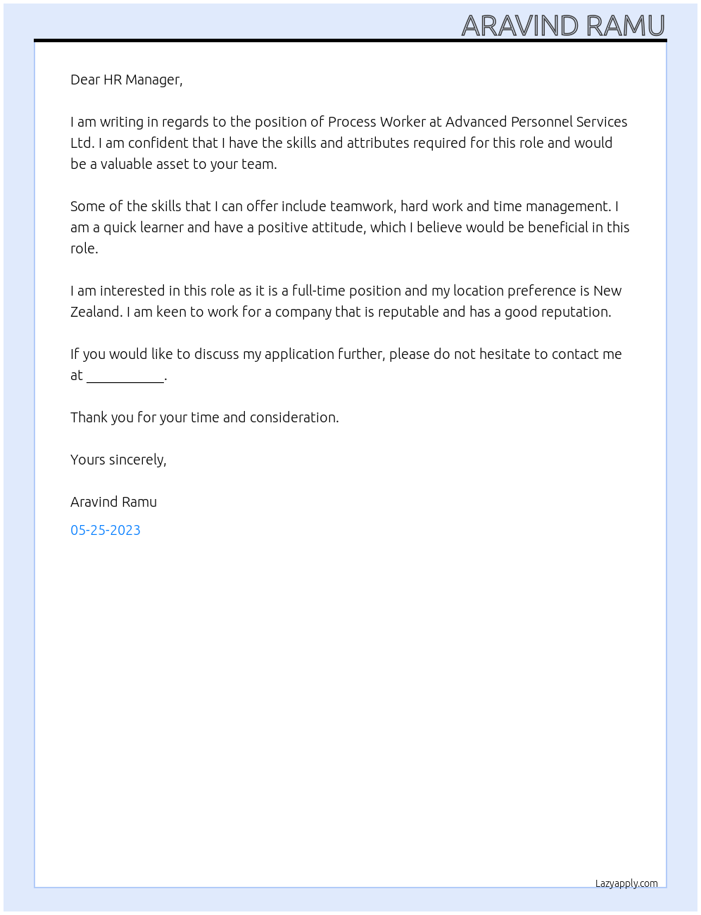 Process Worker At Advanced Personnel Services Ltd Cover Letter