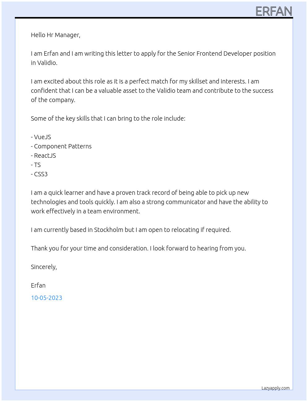 Senior Frontend Developer At Validio Cover Letter
