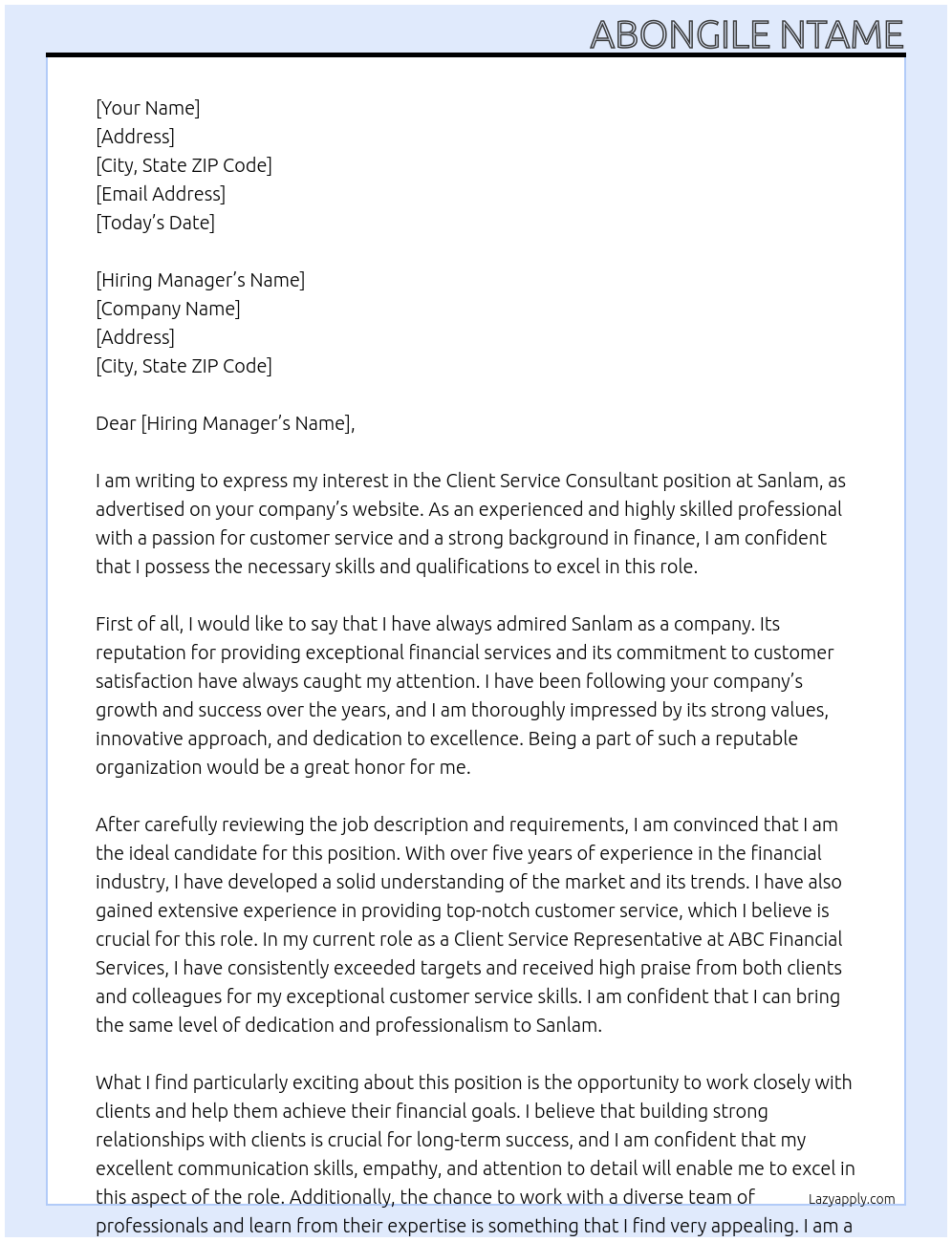 Client Service Consultant At Sanlam  Cover Letter