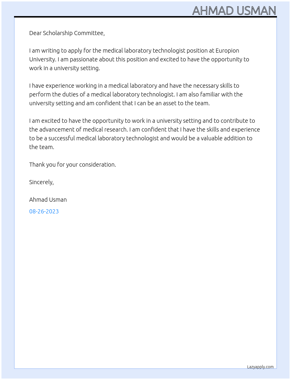 Medical laboratory technologist At europion scholarship Cover Letter