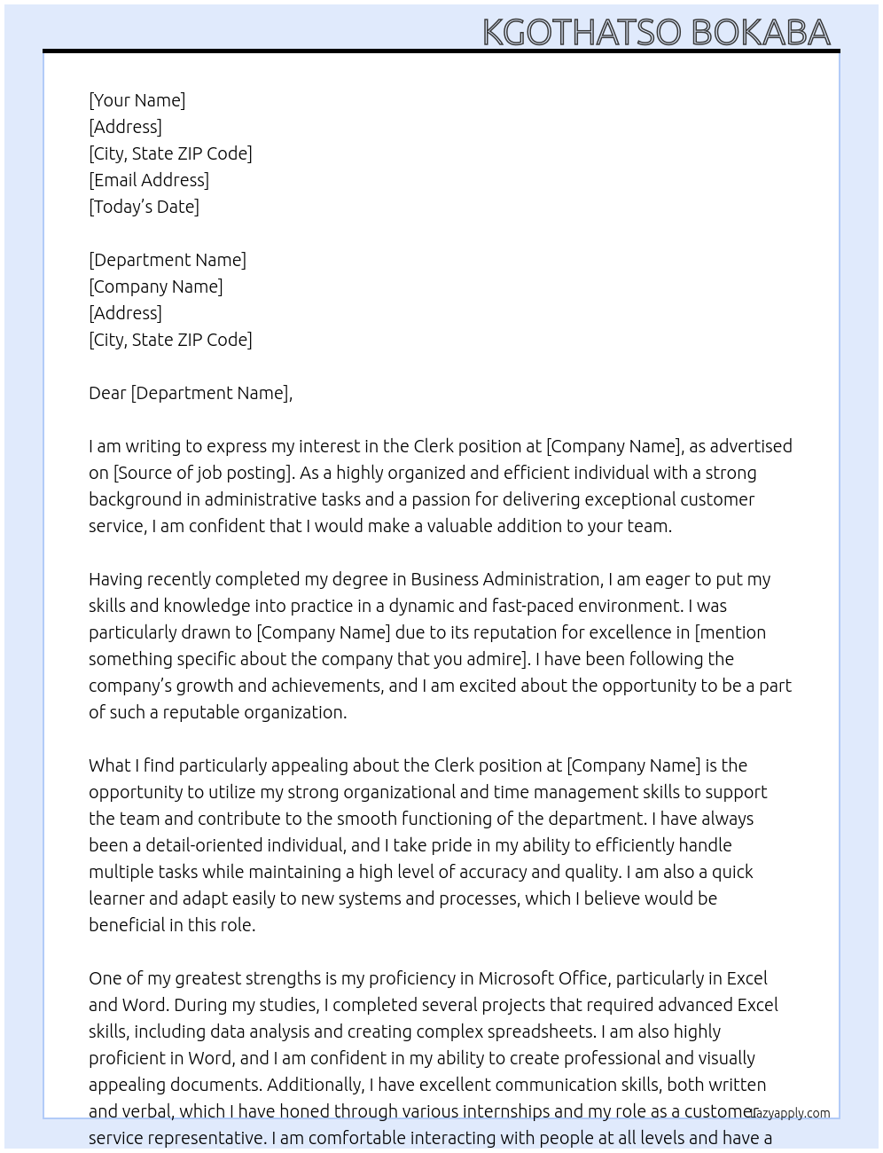 Clerk At Department  Cover Letter