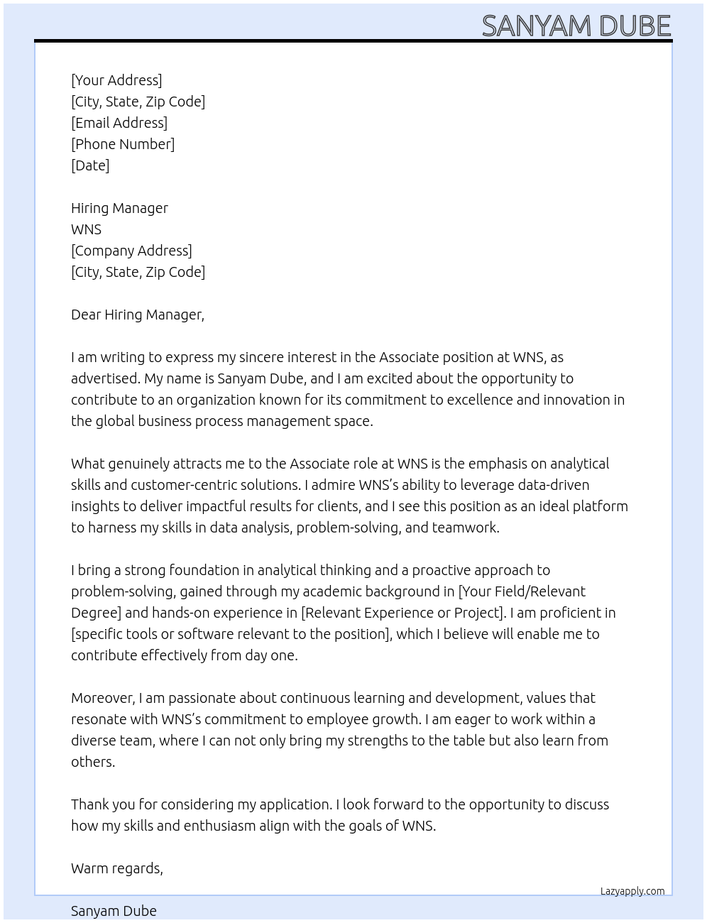 Associate At WNS Cover Letter