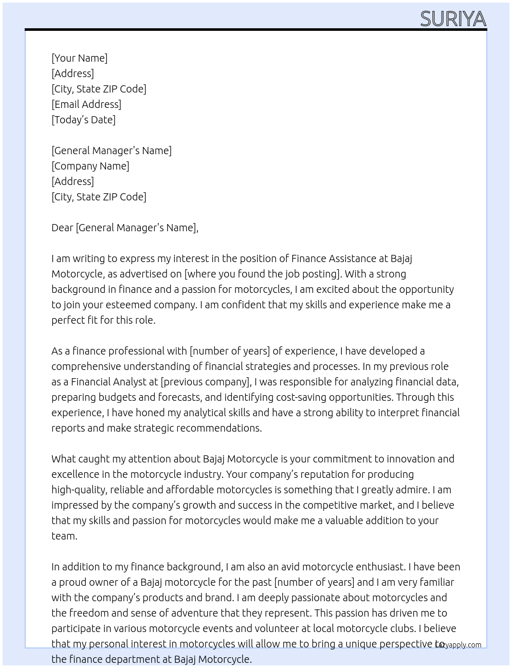Finance assistance  At Bajaj motorcycle  Cover Letter