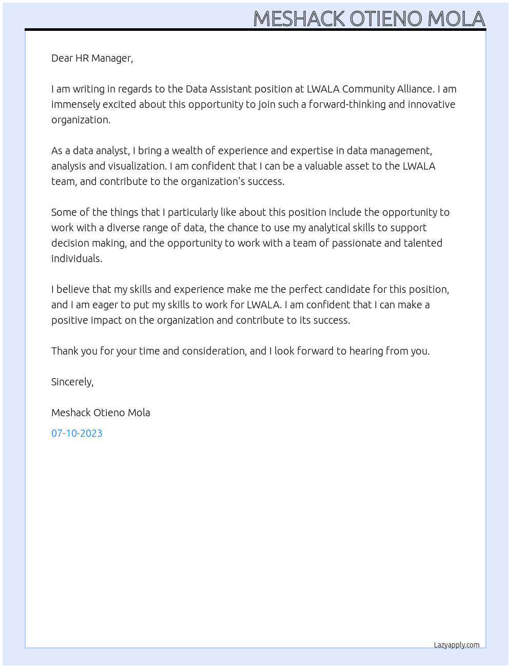 Data Assistant At LWALA Community Alliance Cover Letter