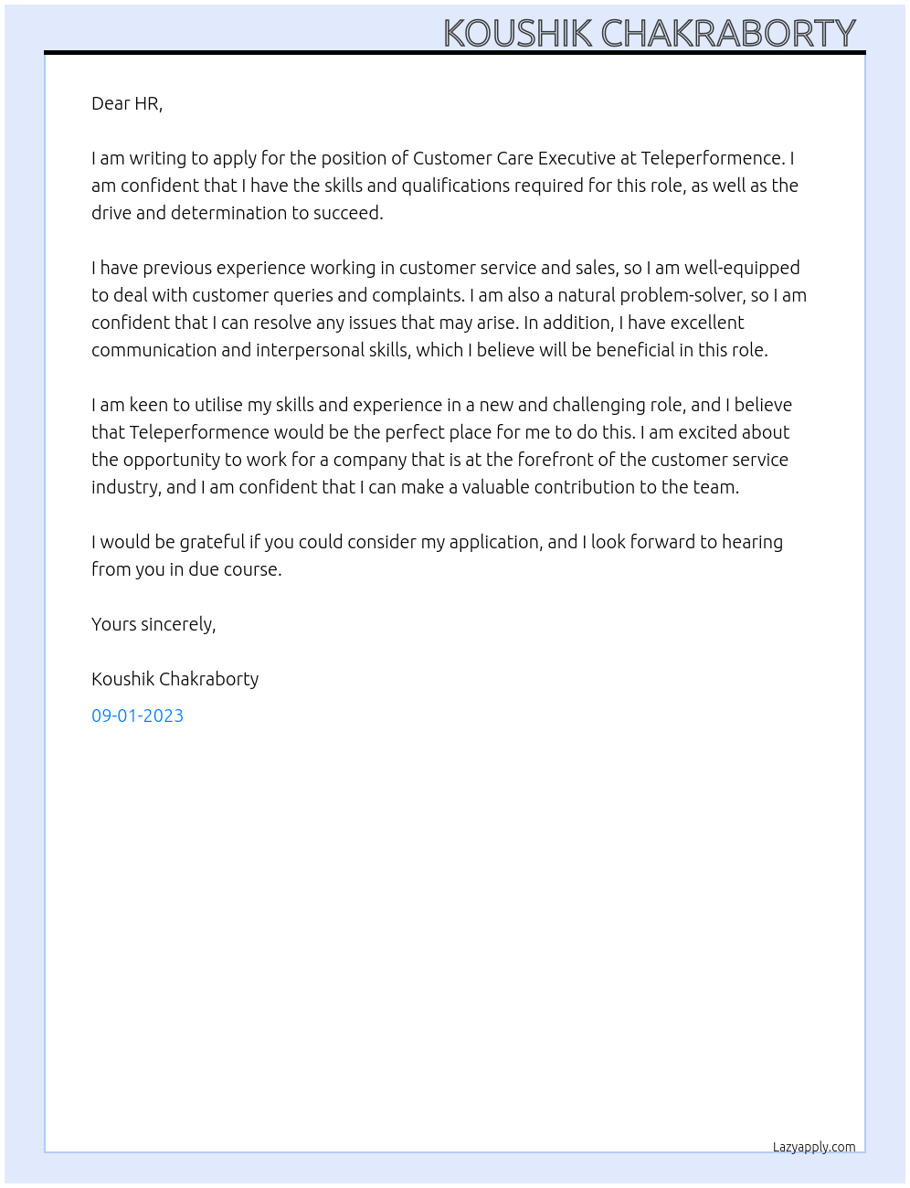 Customer care executive At Teleperformence Cover Letter