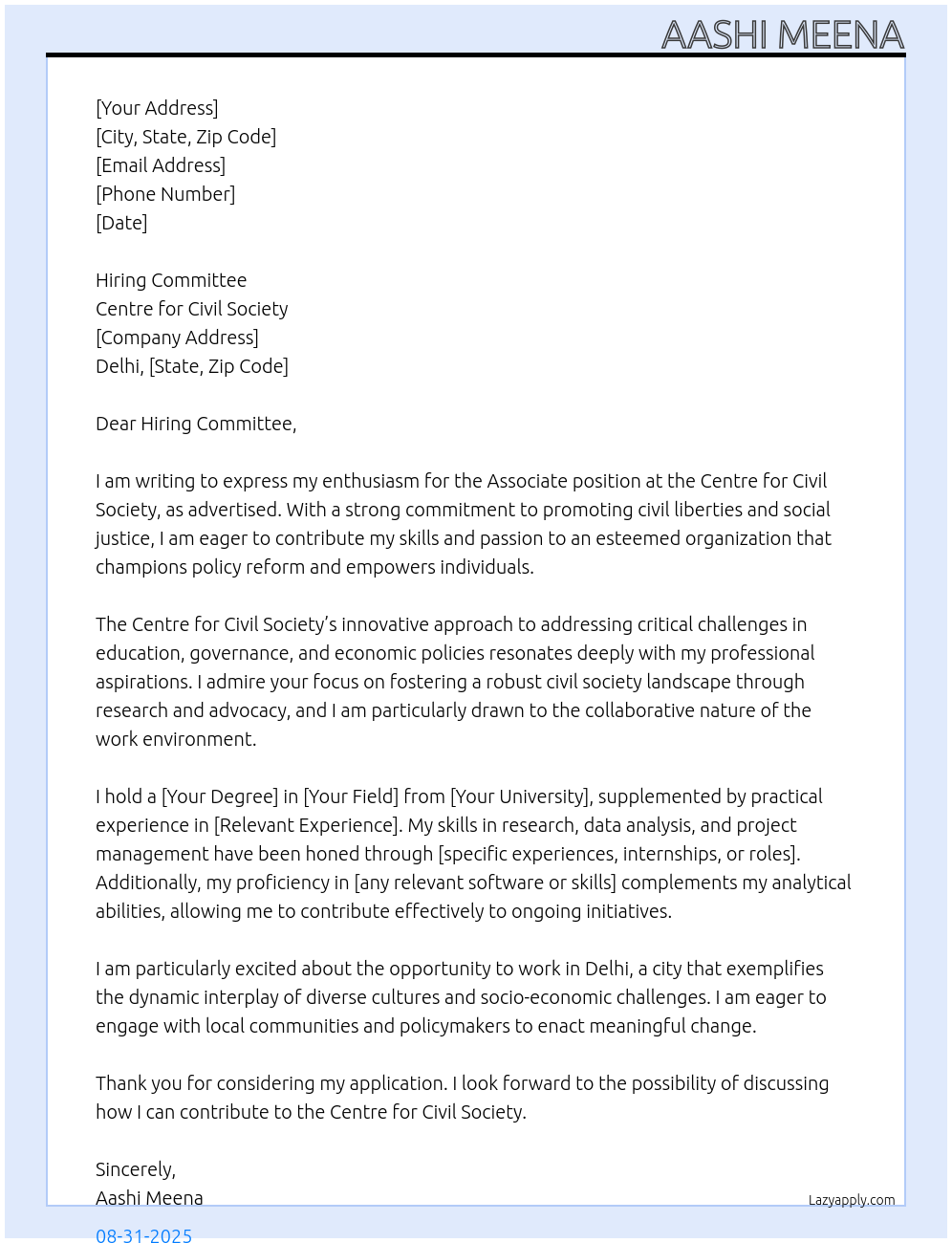 Associate At Centre for Civil Society Cover Letter