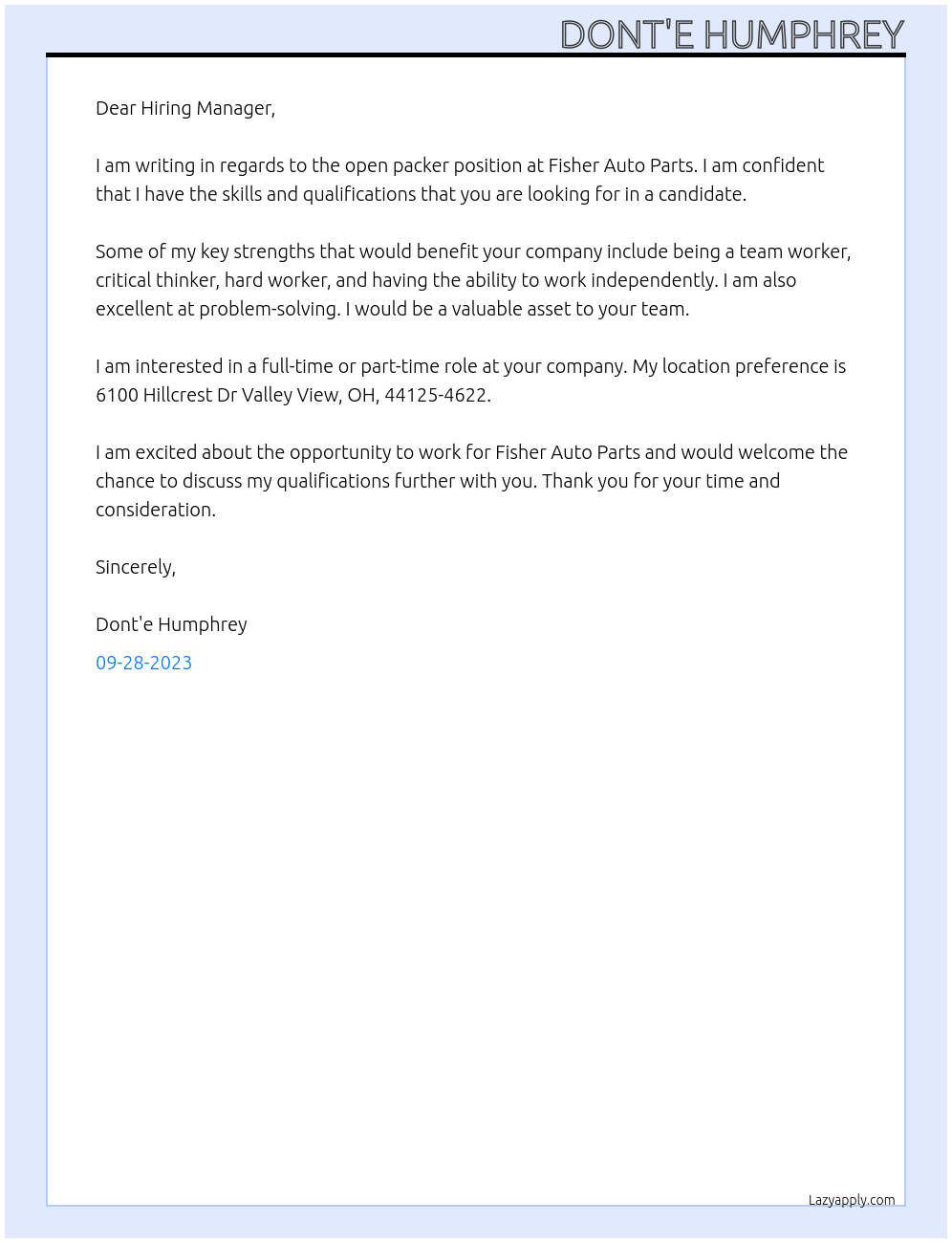 Packer At Fisher Auto Parts Cover Letter