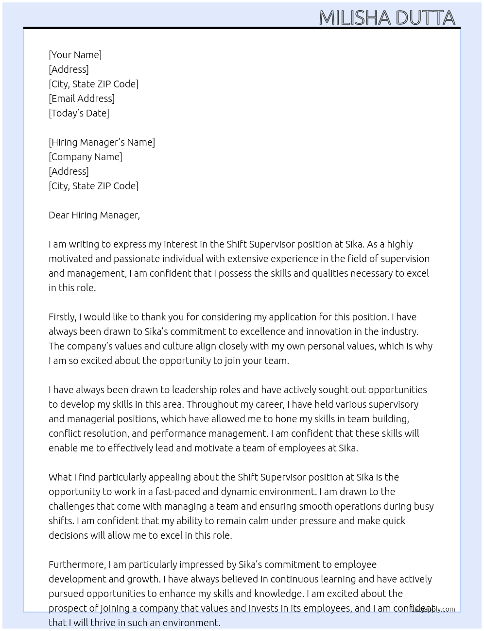 Shift Supervisor At Sika Cover Letter