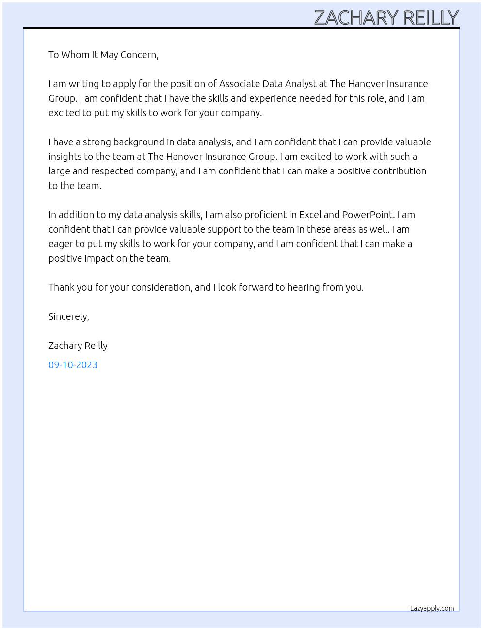 Associate Data Analyst At The Hanover Insurance Group Cover Letter