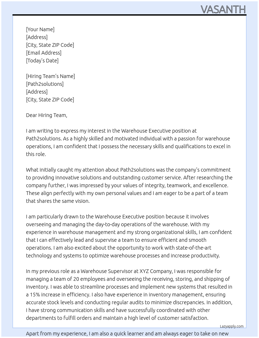 Warehouse Executive At Path2solutions Cover Letter