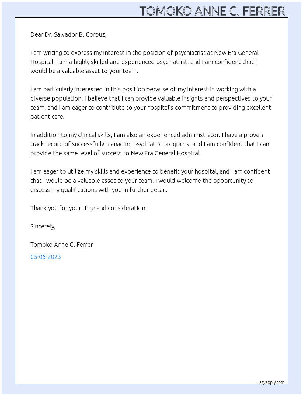 psychiatrist  At New Era General Hospital  Cover Letter