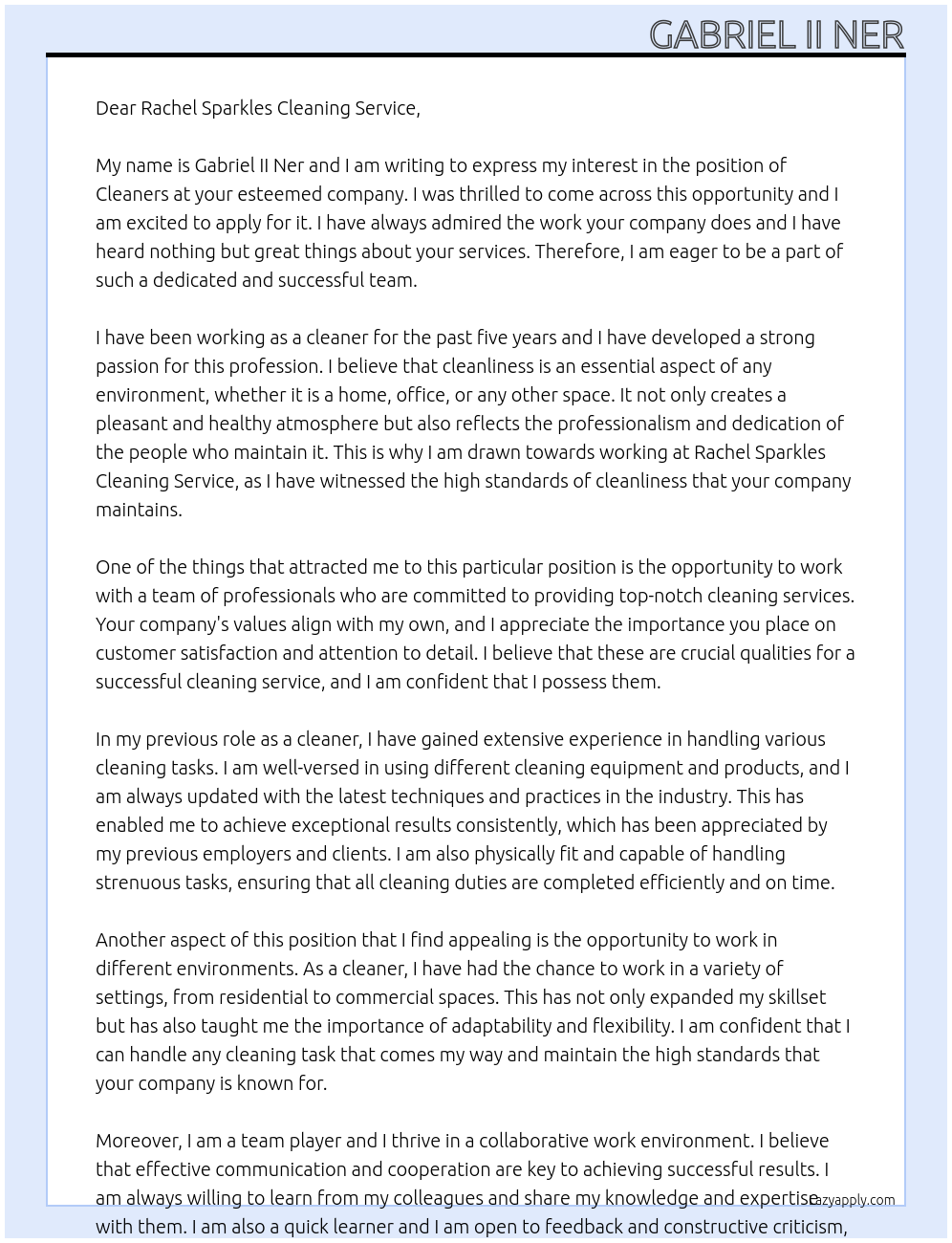 Cleaners At Rachel Sparkles Cleaning Service Cover Letter