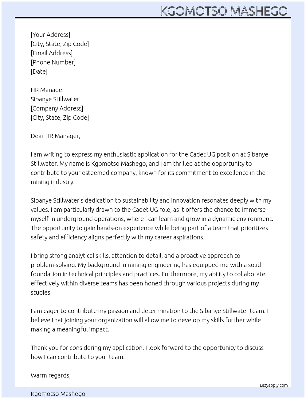 Cover letter for cadet ug - LazyApply