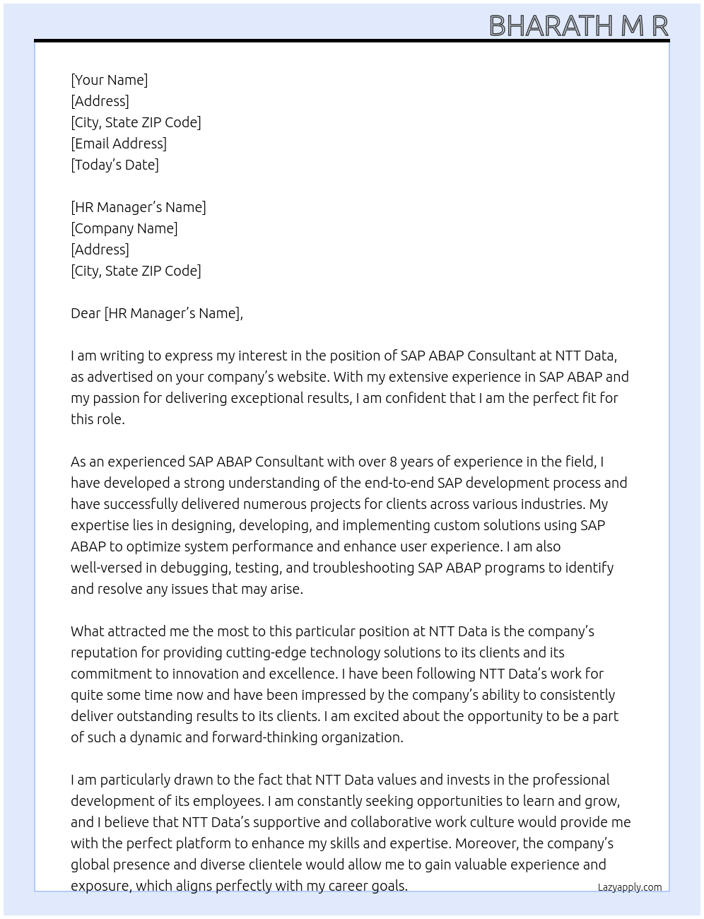 SAP ABAP Consultant At NTT Data Cover Letter