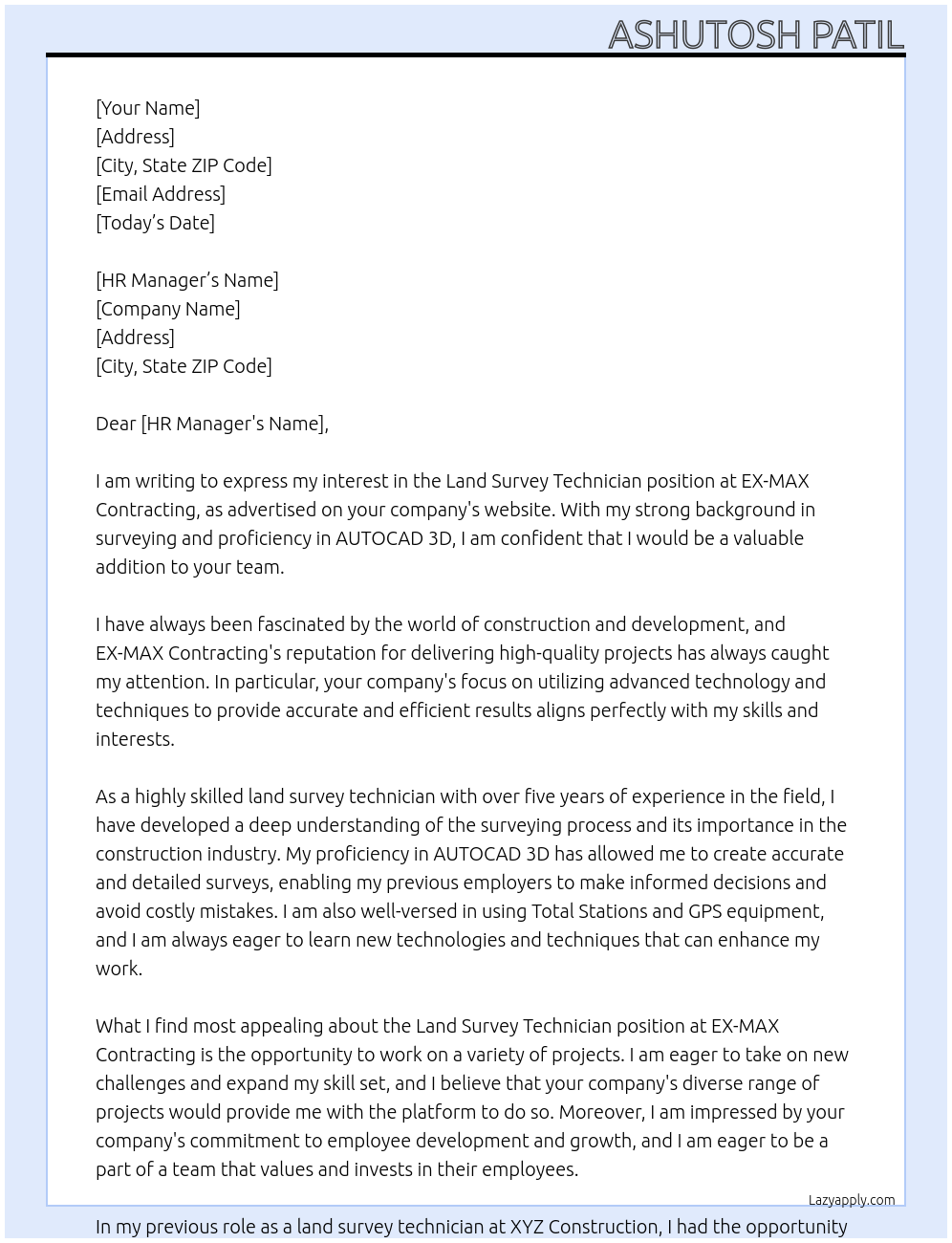 Land survey technician At EX-MAX Contracting Cover Letter