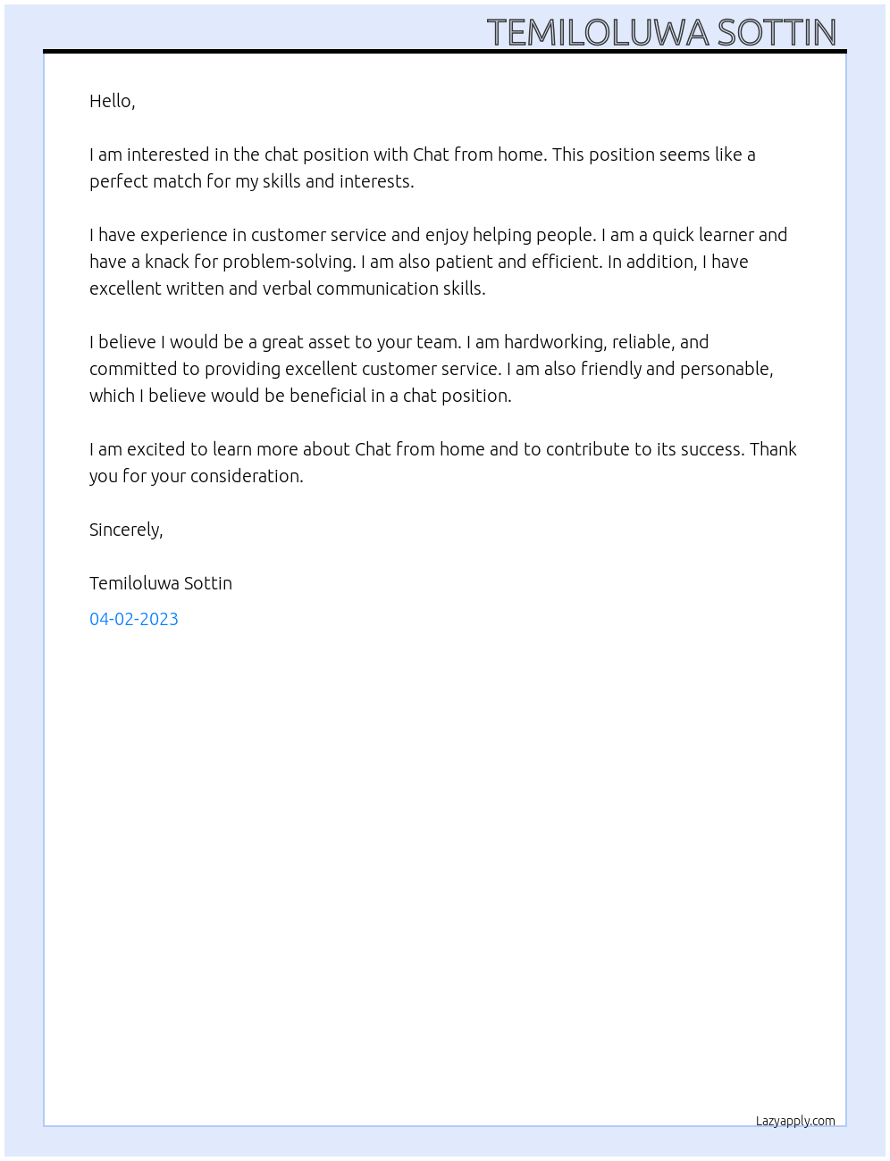 Chat At Chat from home Cover Letter
