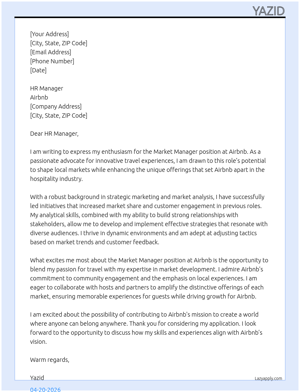 Market Manager At Airbnb Cover Letter