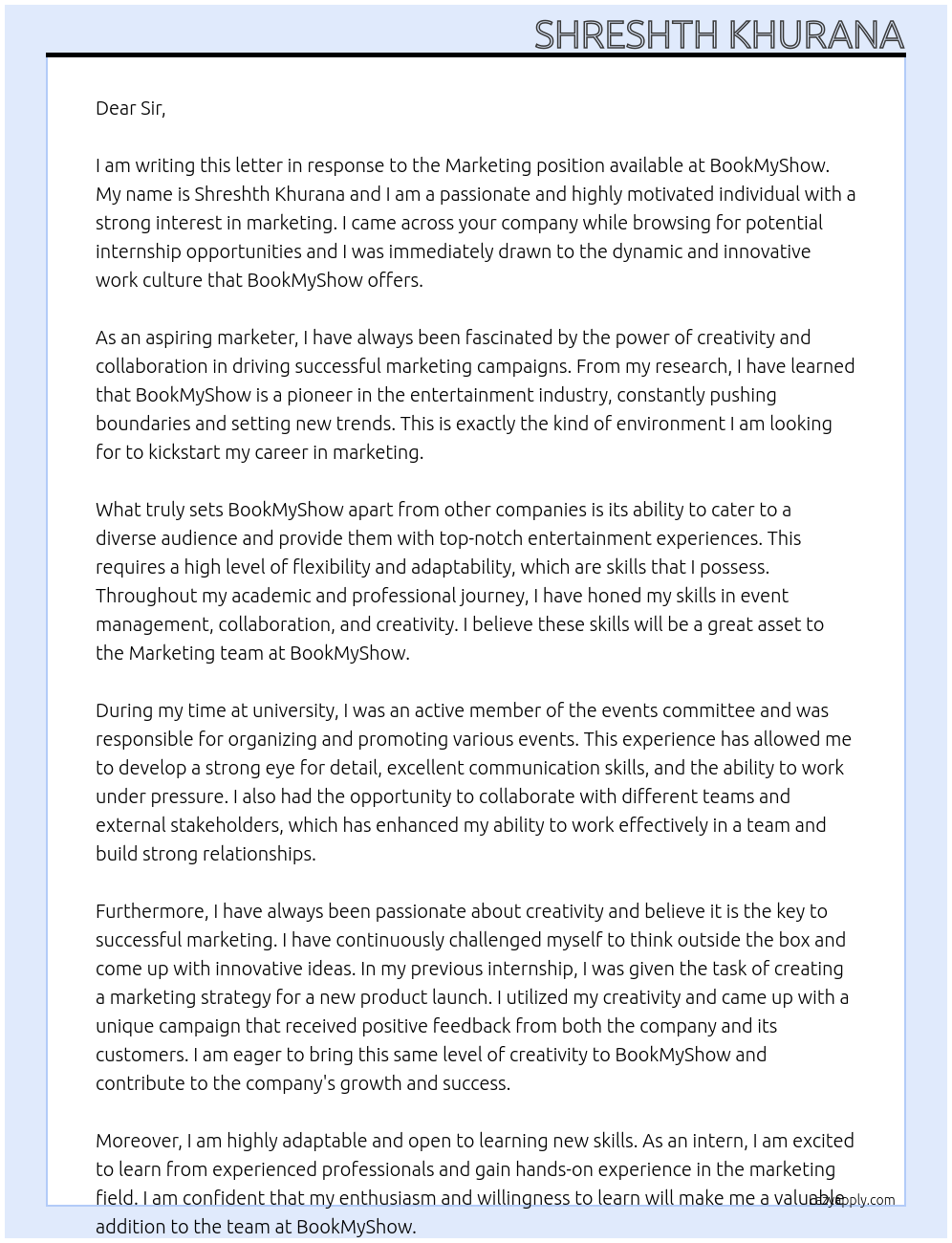 marketing At book my show Cover Letter