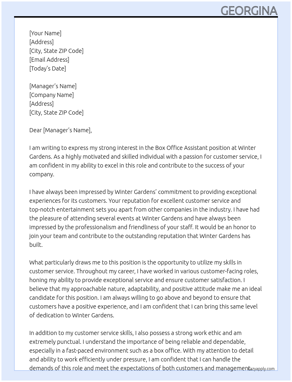 box office assistant At Winter gardens  Cover Letter