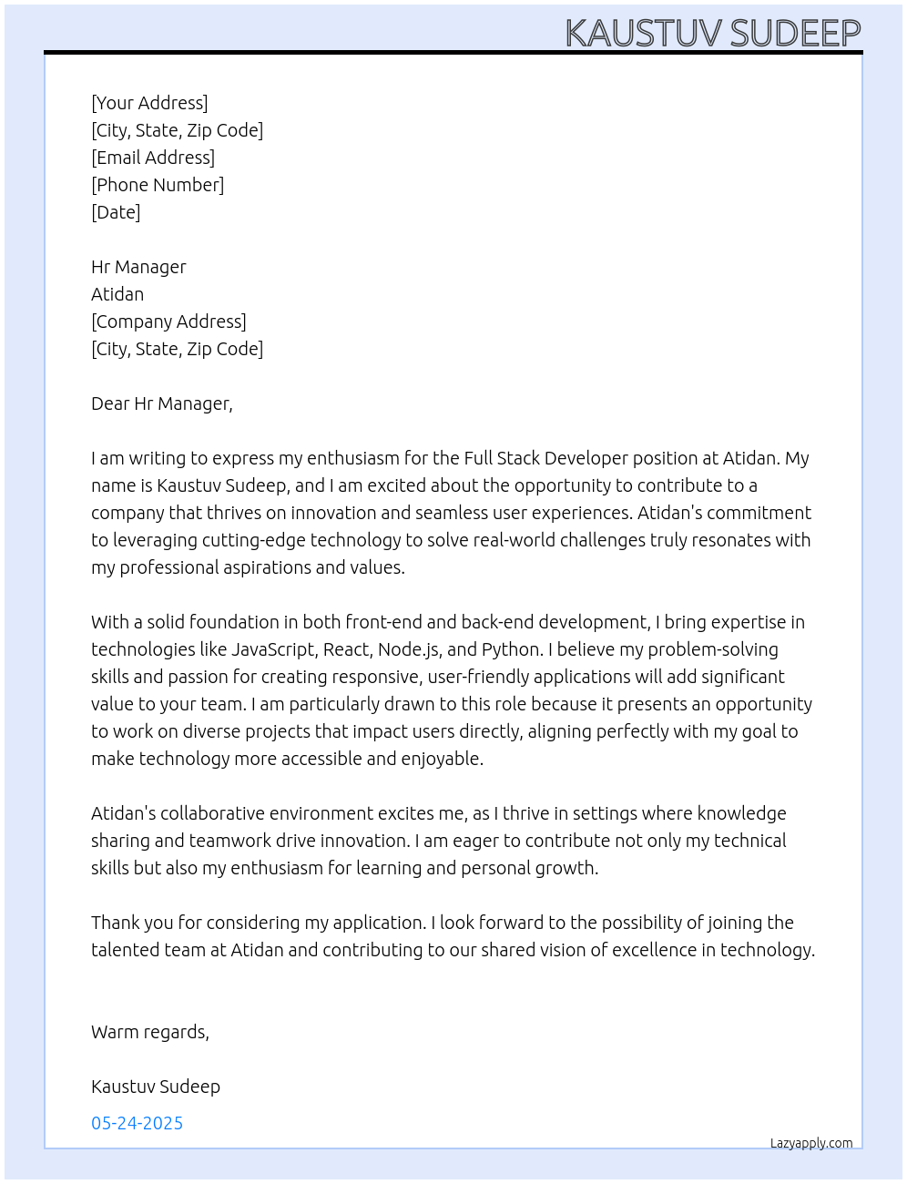 Full Stack Developer At Atidan Cover Letter