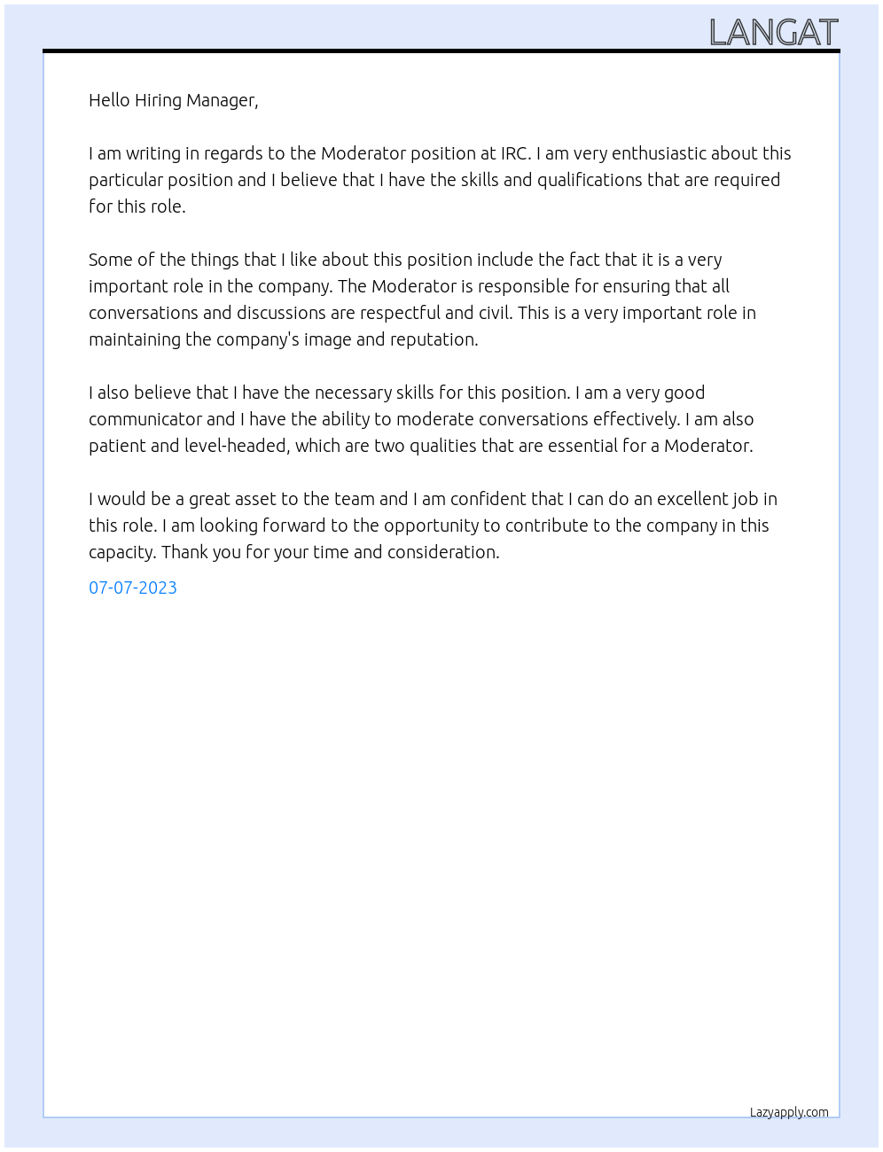 moderator At IRC Cover Letter