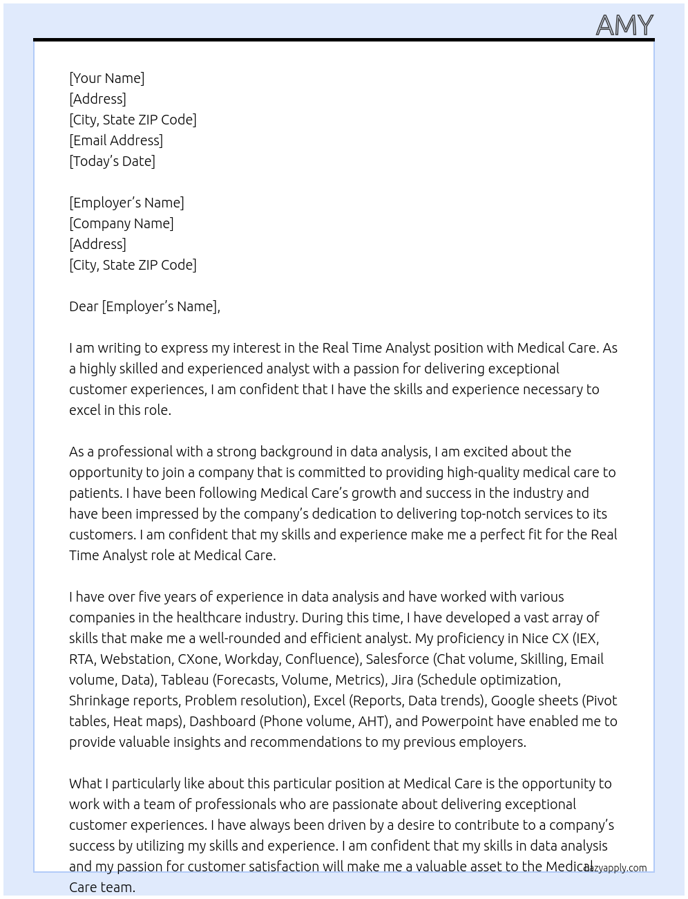 Real time analyst At Medical Care Cover Letter