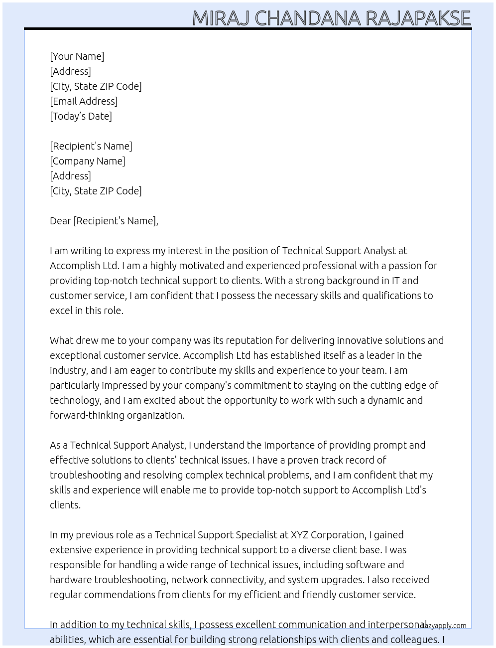 Technical Support Analyst At Accomplish Ltd Cover Letter