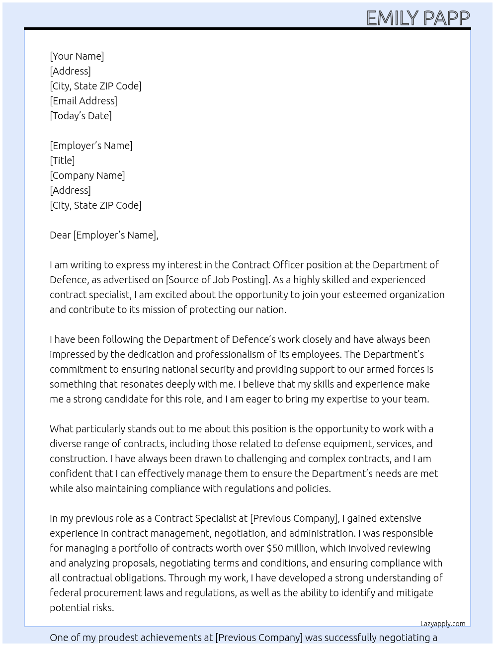 Contract Officer At Department of Defence Cover Letter