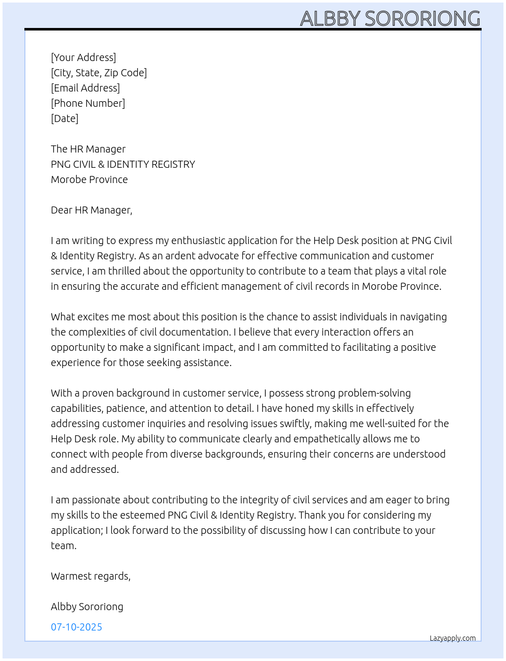 Cover letter for help desk - LazyApply