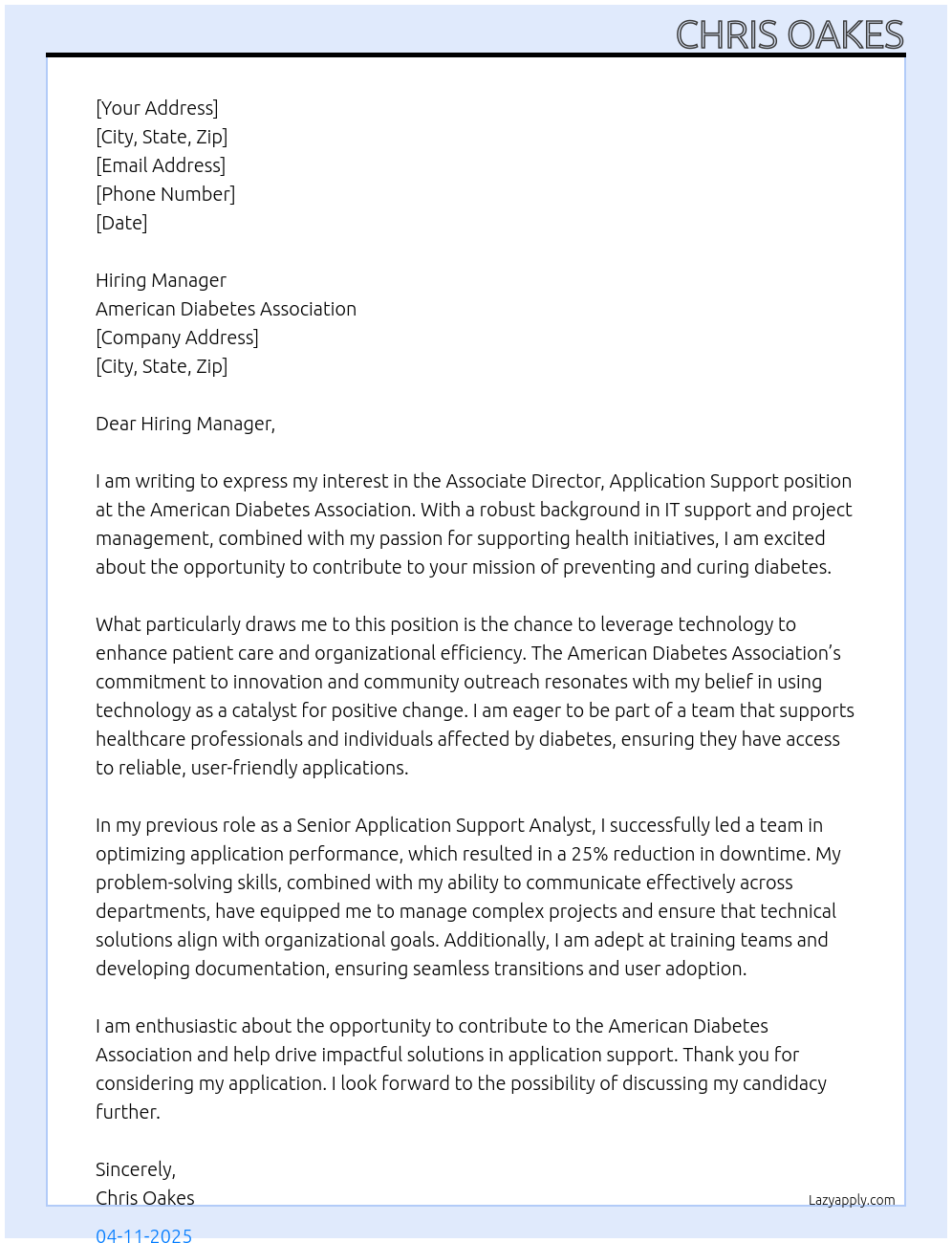 Cover letter for associate director, application support - LazyApply