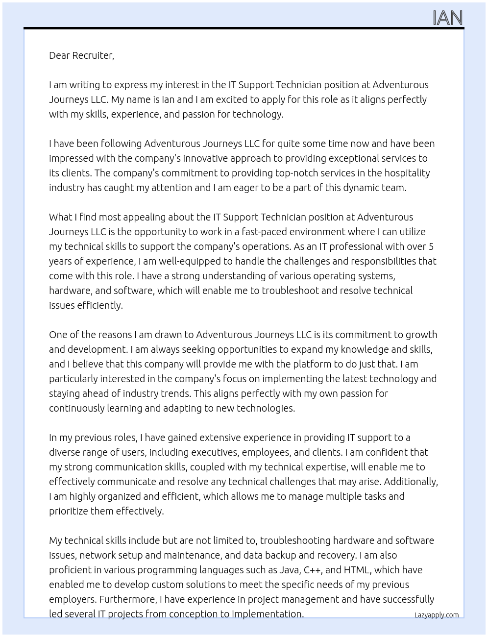 IT Support Technician At Adventurous Journeys LLC Cover Letter