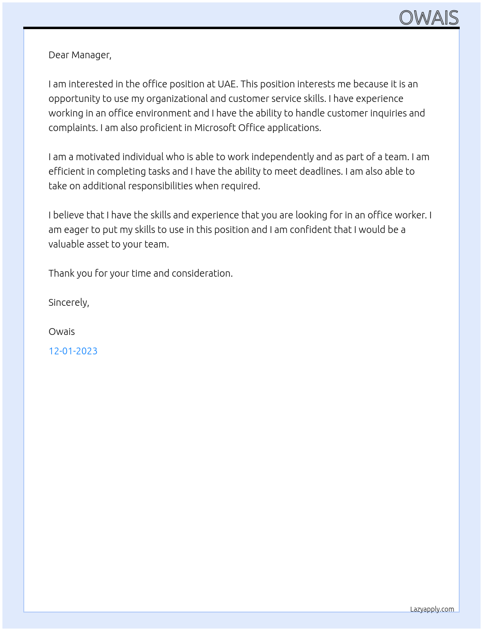 office At uae Cover Letter