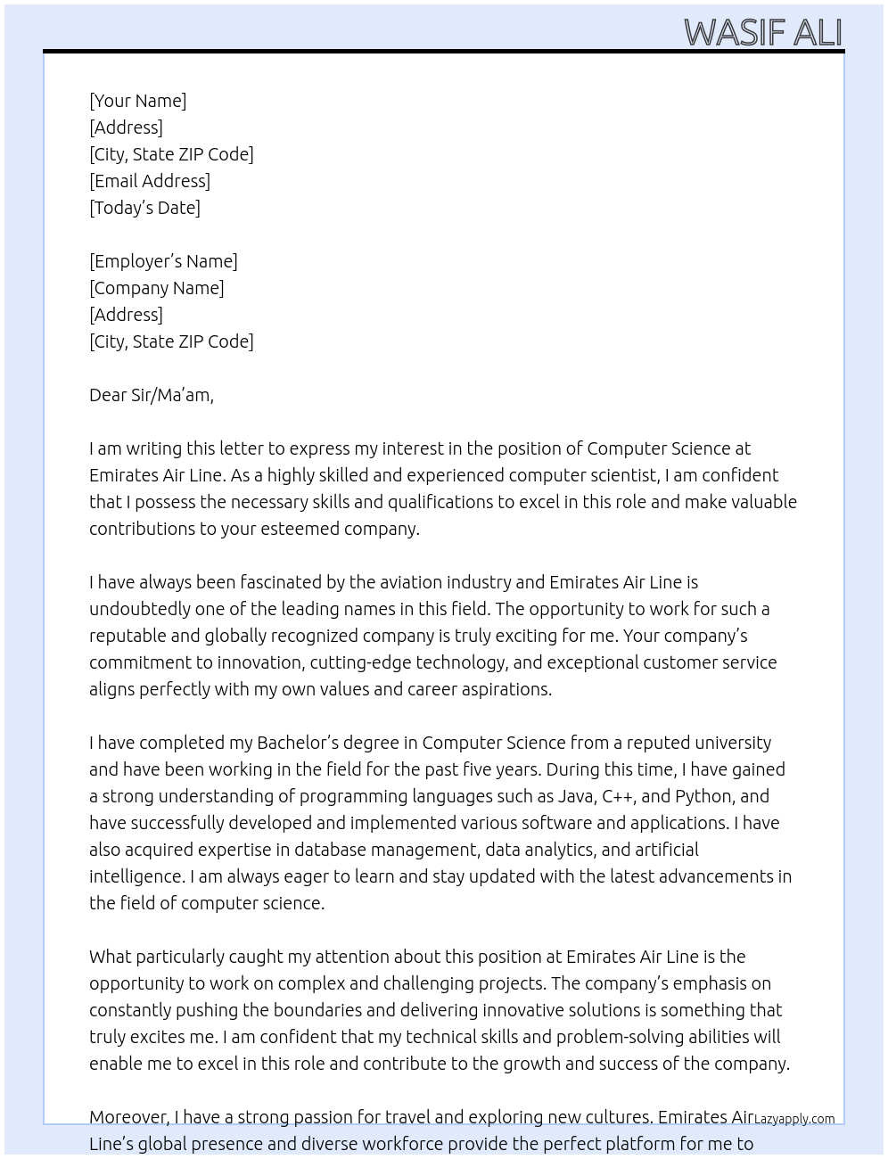Computer science At Emirates air line Cover Letter