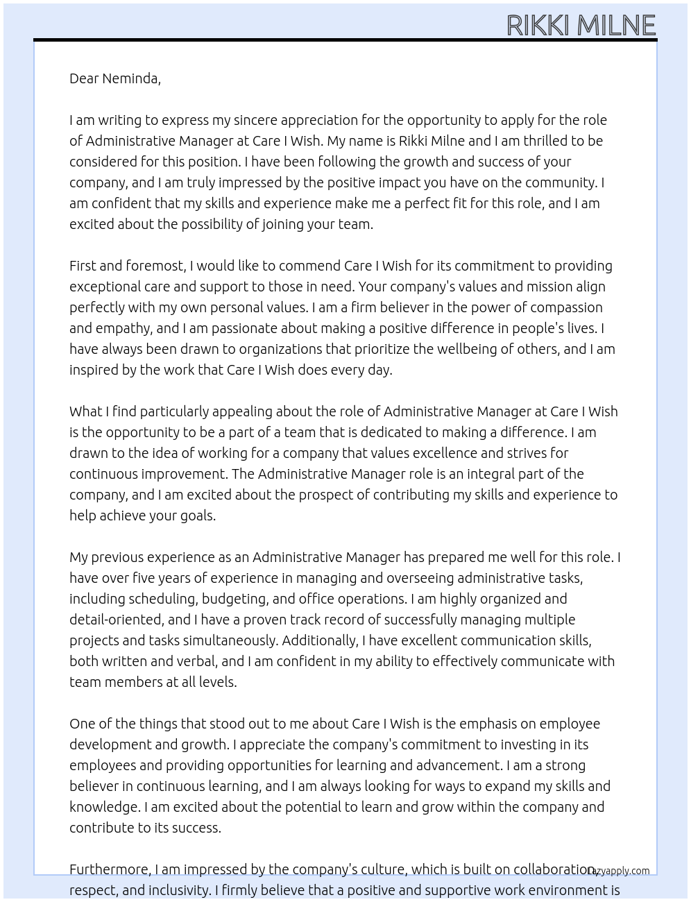 Administrative Manager At Care I Wish Cover Letter