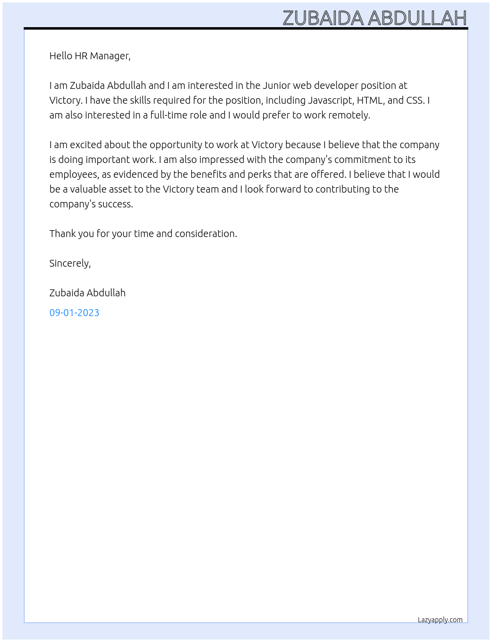 Junior web developer At Victory Cover Letter