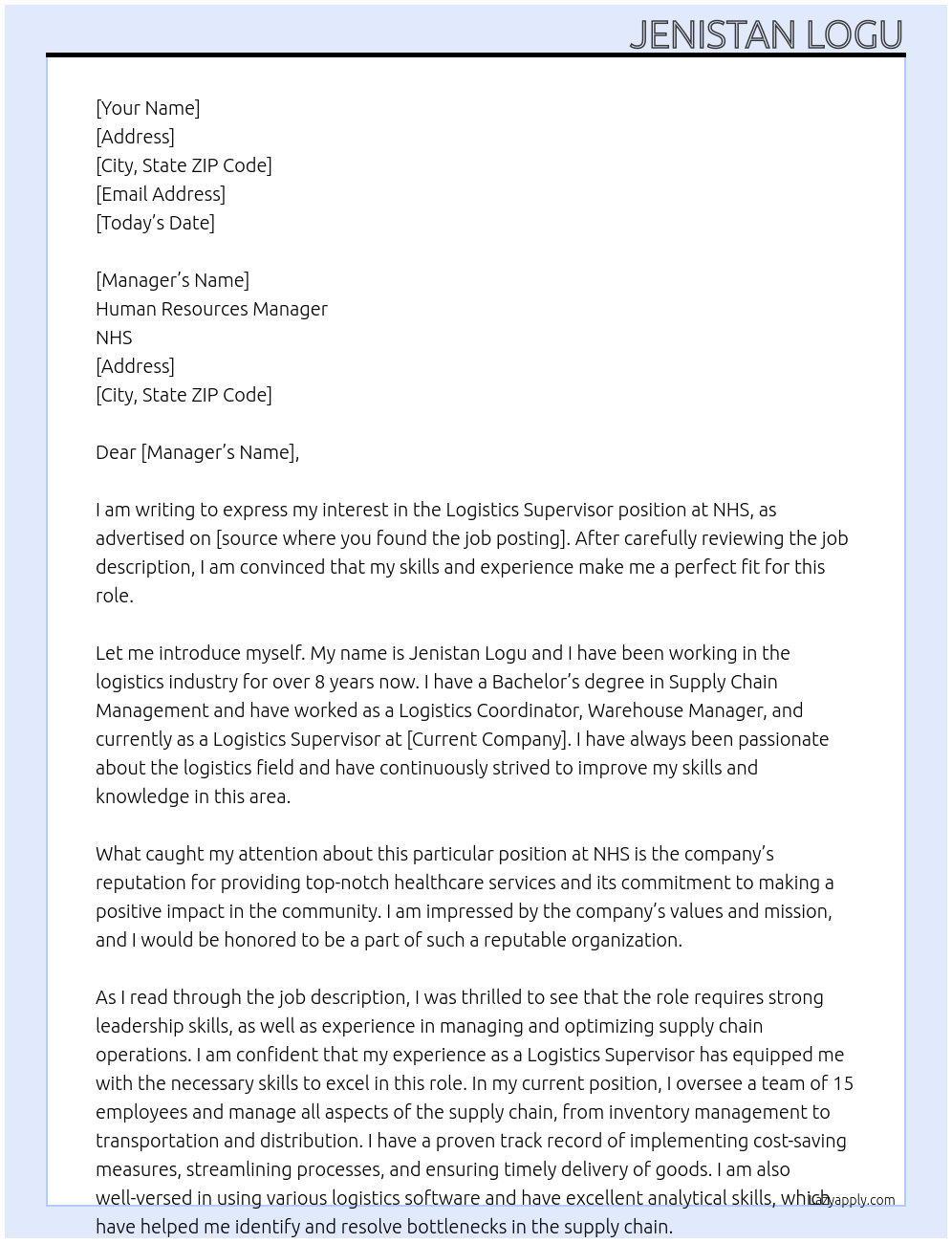 Logistics Supervisor At NHS Cover Letter