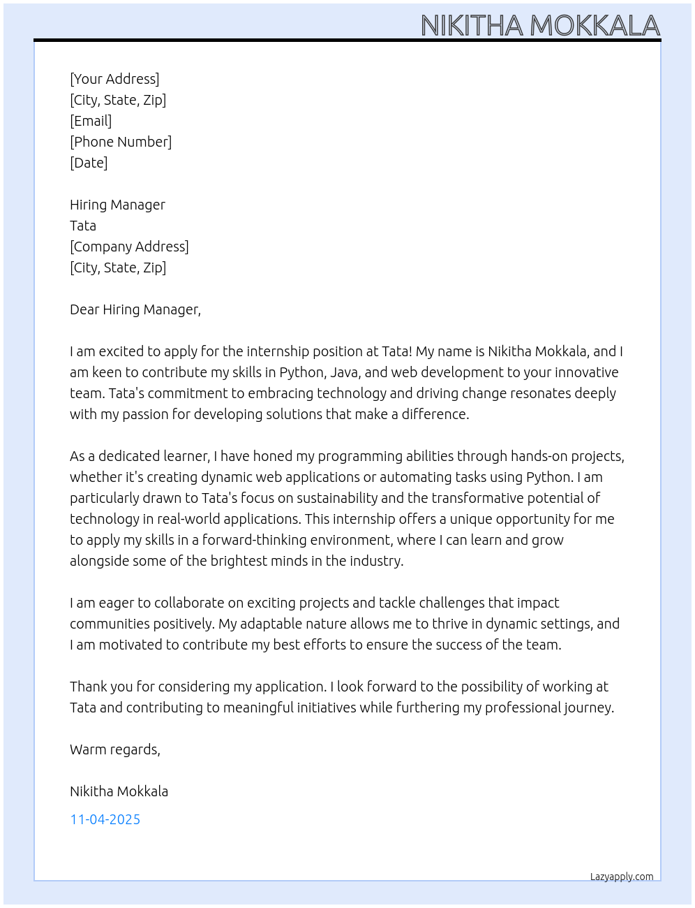 internship At Tata Cover Letter