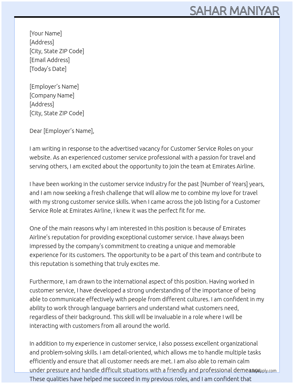 customer service role At emirates airline Cover Letter