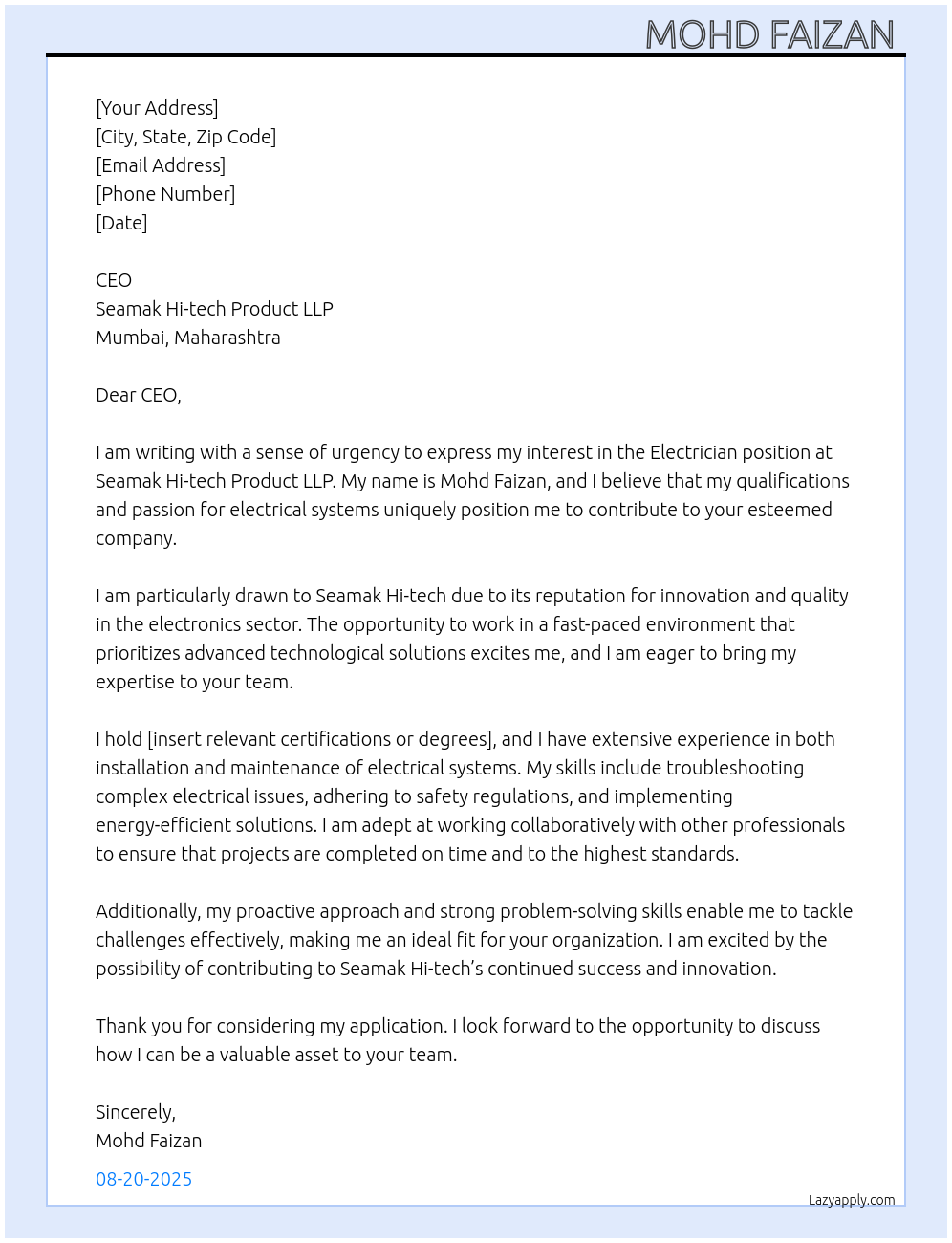 Electrician At Seamak Hi-tech product LLP- Mumbai Maharashtra Cover Letter