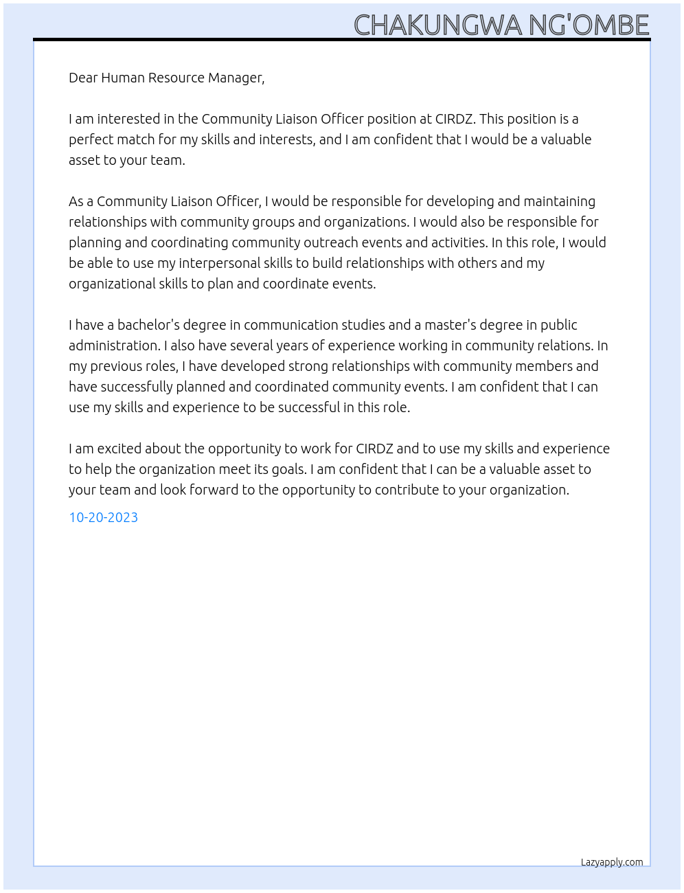 Community Liaison Officer At CIRDZ Cover Letter