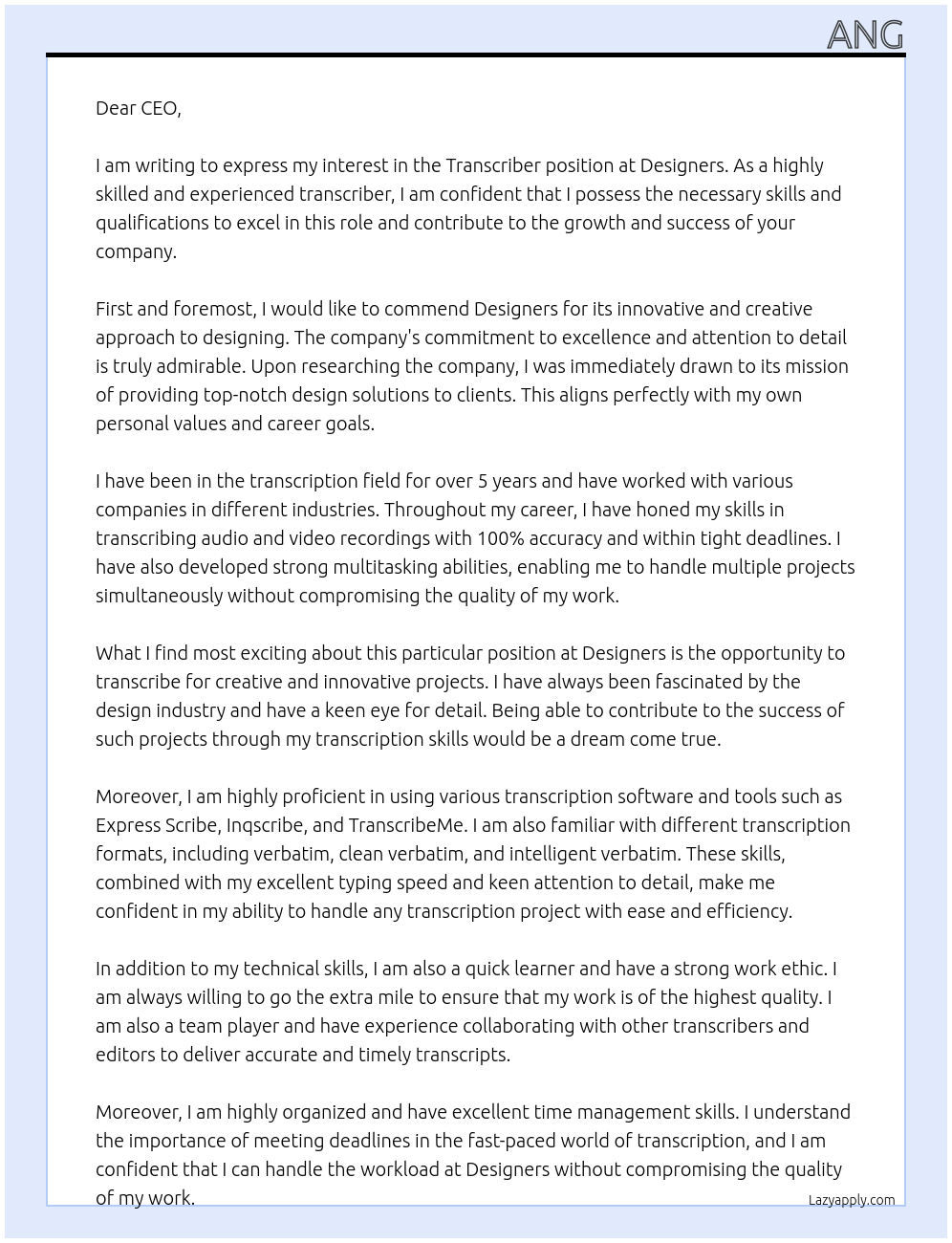 transcriber At Designers Cover Letter