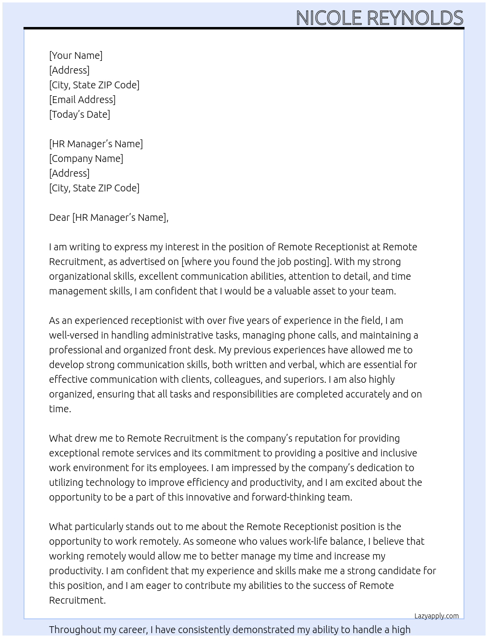 Remote Receptionist At Remote Recruitment Cover Letter